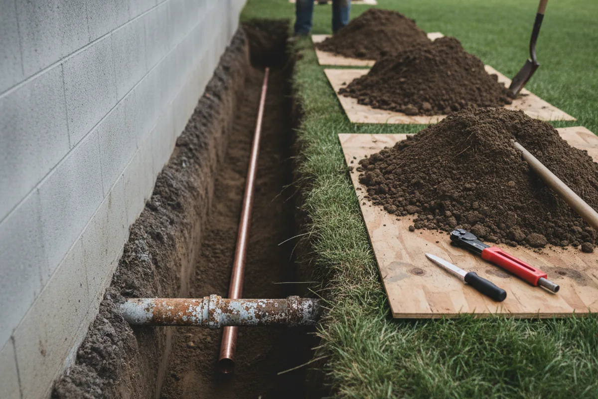 Excavated water line trench during Water Heater Repair in Barto